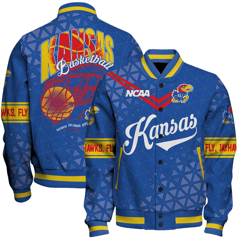 Kansas Jayhawks Ncaa Basketball Fly Jayhawks Fly 3D Unisex Varsity Jacket