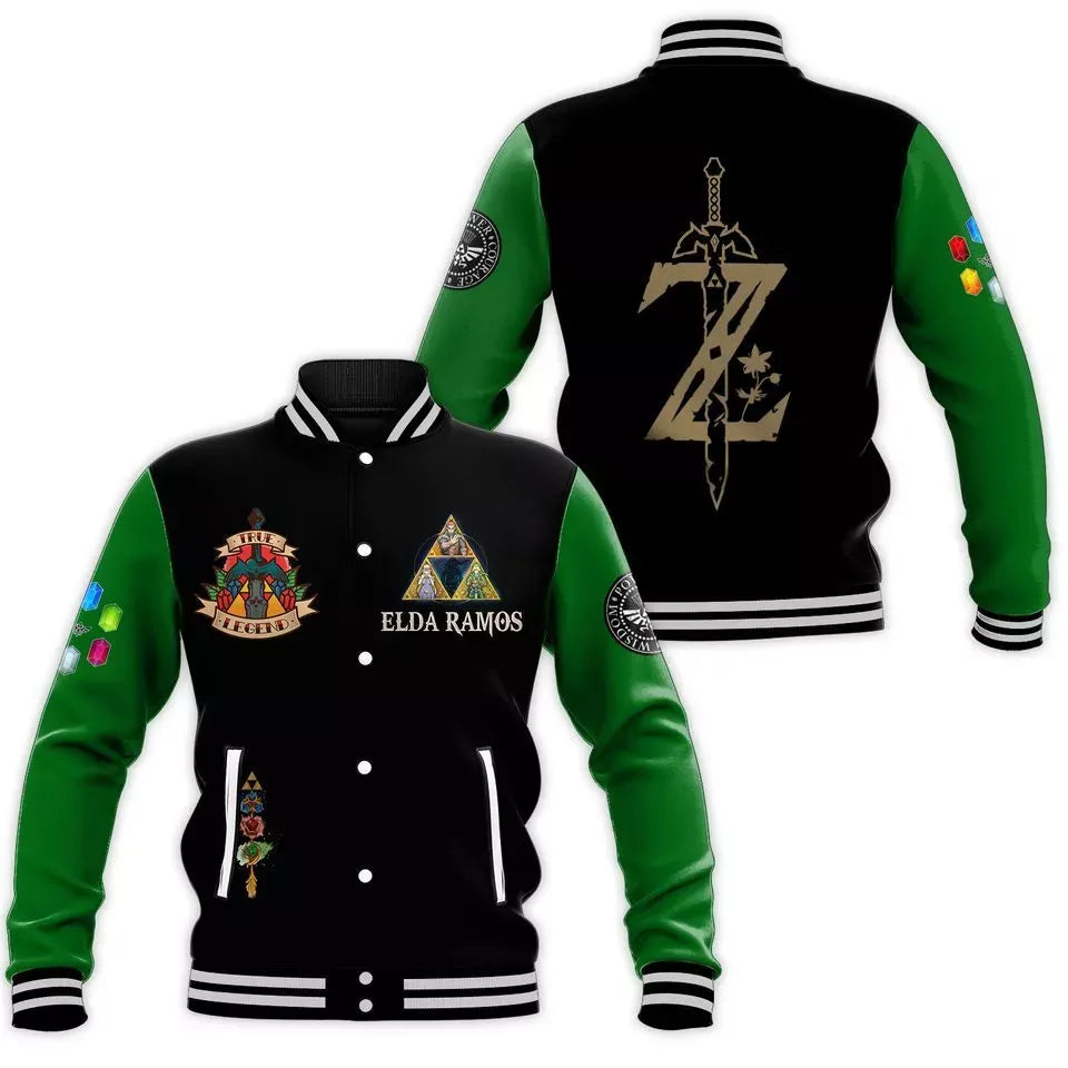 Legendary Gamer Varsity Jacket - Green &amp; Black Embroidered Design - Unisex Casual Wear