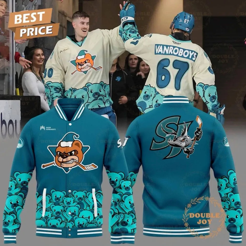 Limited Edition Teal Hockey Varsity Jacket - Fun Bear &amp; Shark Design