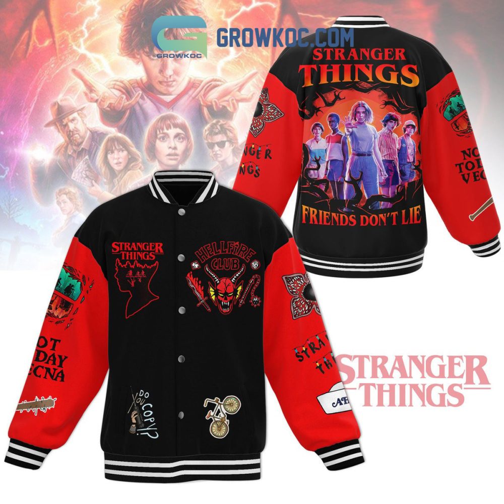 Retro Stranger Things Varsity Jacket – Hellfire Club Design, Friends Don'T Lie Graphic