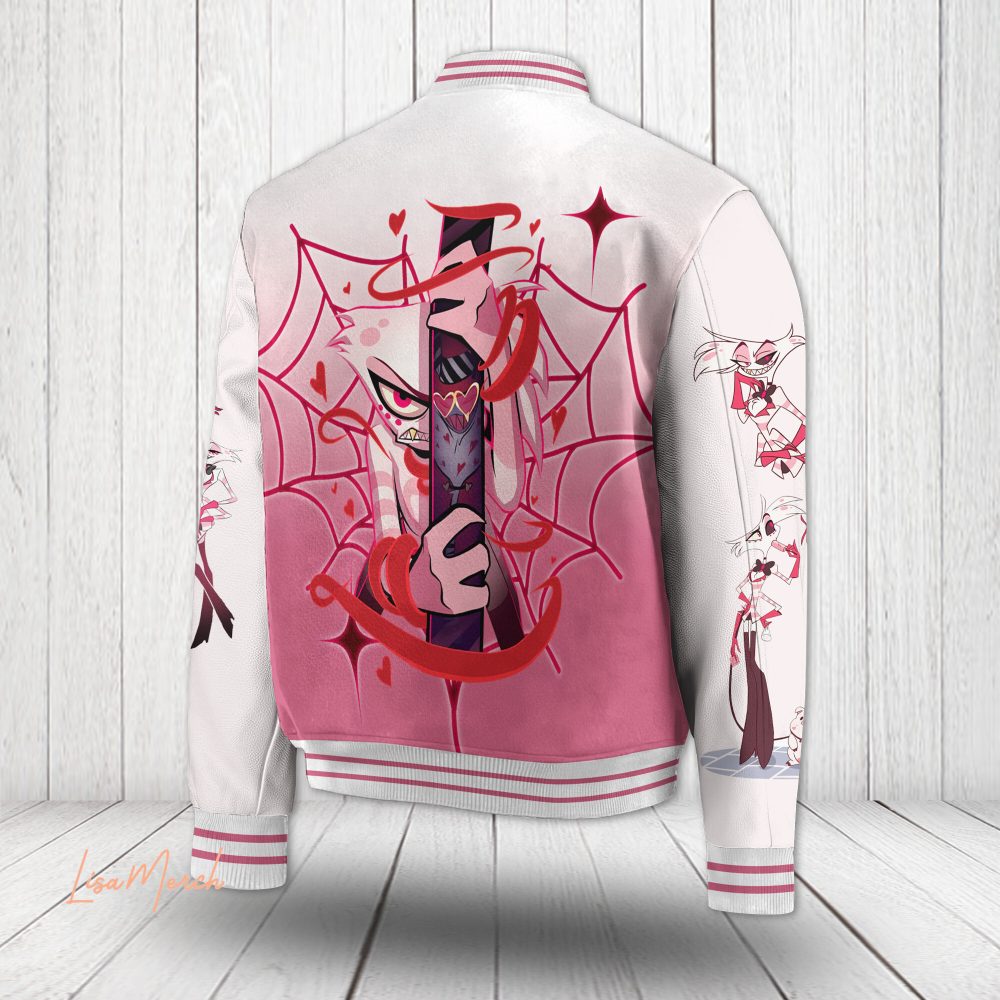 Stylish Hazbin Hotel Varsity Jacket – Unique Pink Graphic Design, Perfect For Fans!
