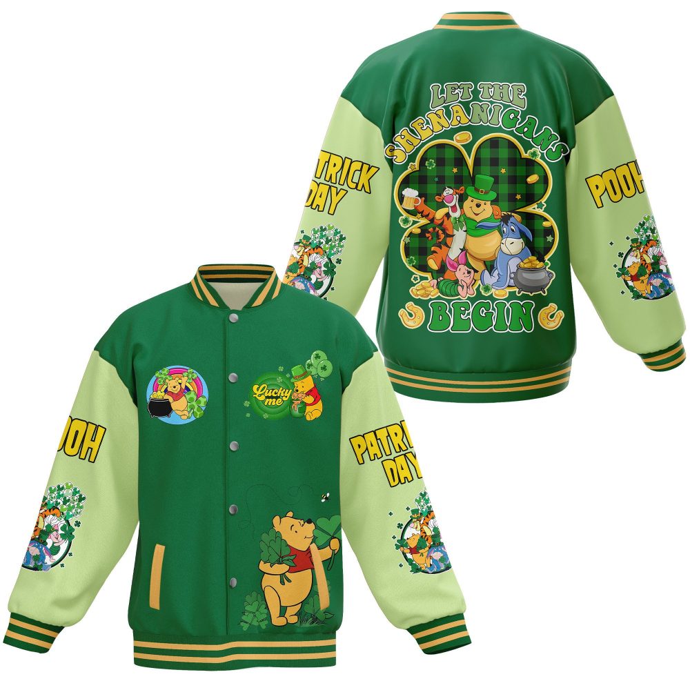 Celebrate St. Patrick'S Day In Style With Lucky Pooh Varsity Jacket – Perfect For Festive Shenanigans!