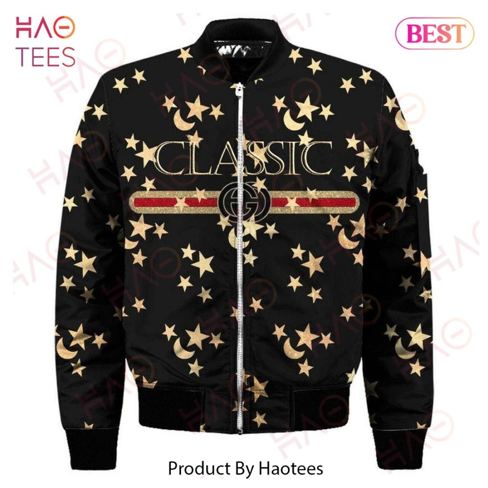 Stylish Star Pattern Bomber Jacket - Classic Black &amp; Gold Design By Haotees