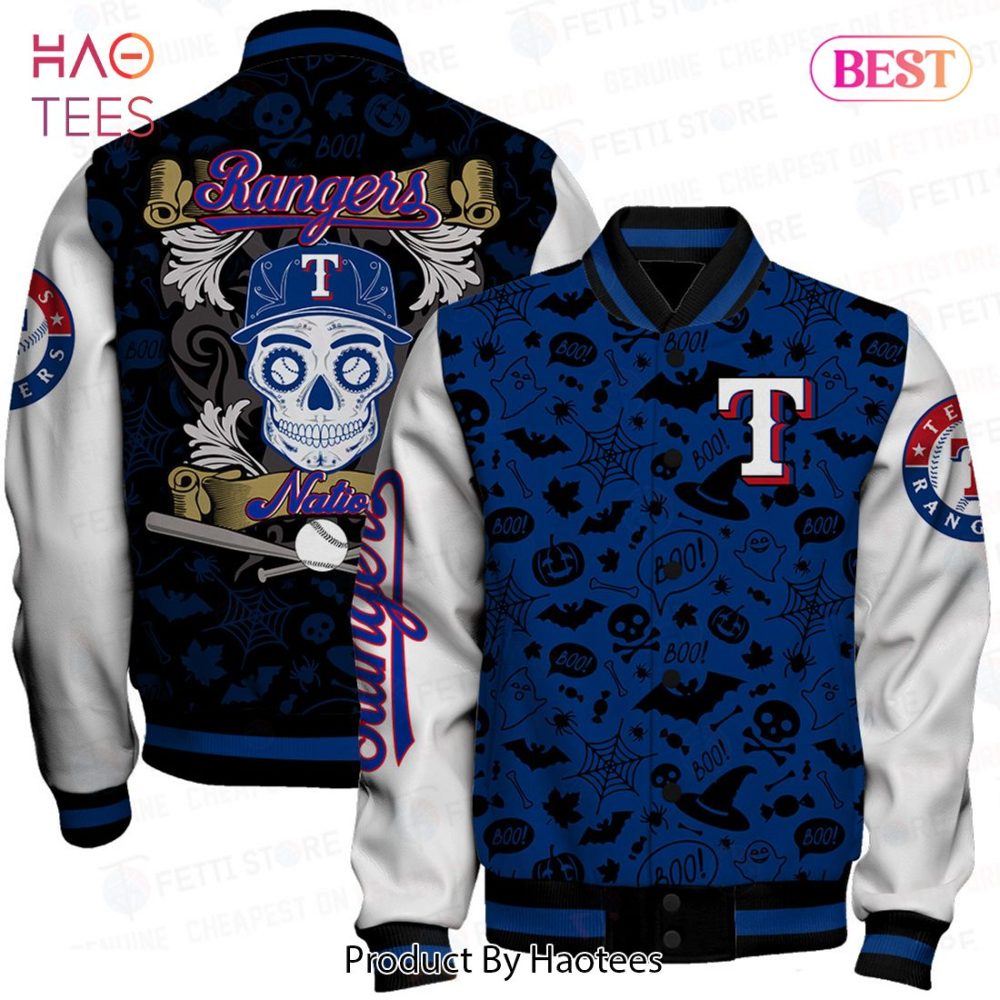 Spooky Rangers Varsity Jacket - Halloween Skull Design , Stylish Blue &amp; White Bomber