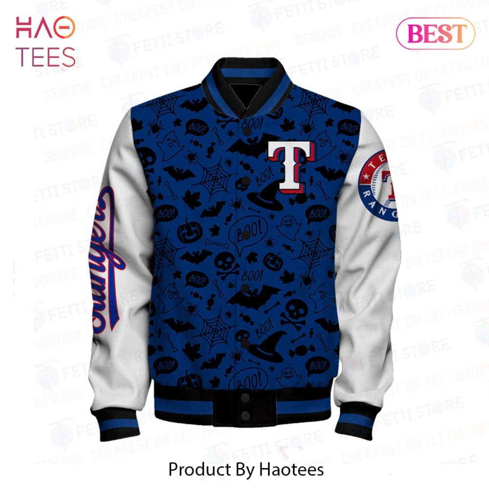 Spooky Rangers Varsity Jacket - Halloween Skull Design , Stylish Blue &amp; White Bomber