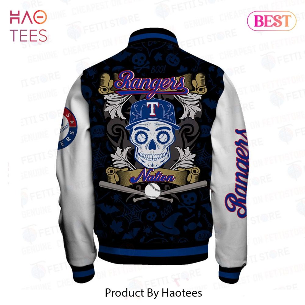 Spooky Rangers Varsity Jacket - Halloween Skull Design , Stylish Blue &amp; White Bomber