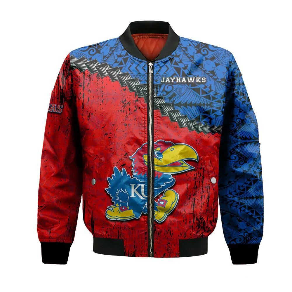 Kansas Jayhawks Bomber Jacket 3D Printed Grunge Polynesian Tattoo